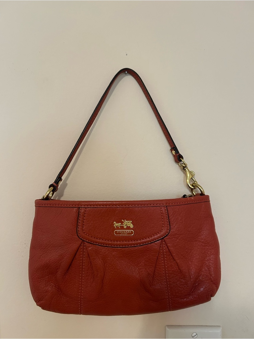 Coach Red Leather Shoulder Bag with Gold Horse & Carriage Emblem